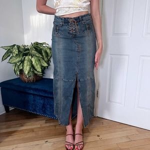 Tie Front Denim Maxi Skirt
